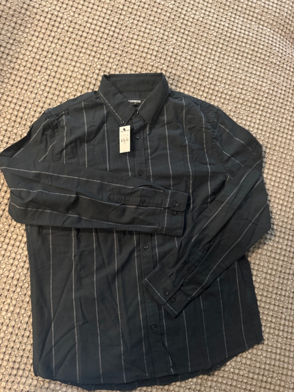 Express Men’s Black Button-Down Shirt with Thin Gray Stripes